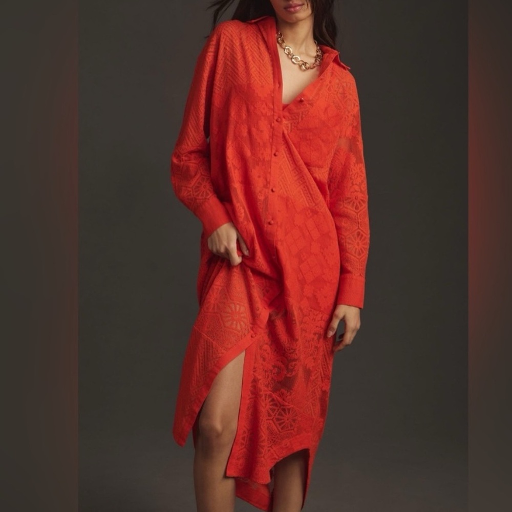 NWT Maeve by Anthropologie Orange Red Floral Crotchet Midi Dress Size XS